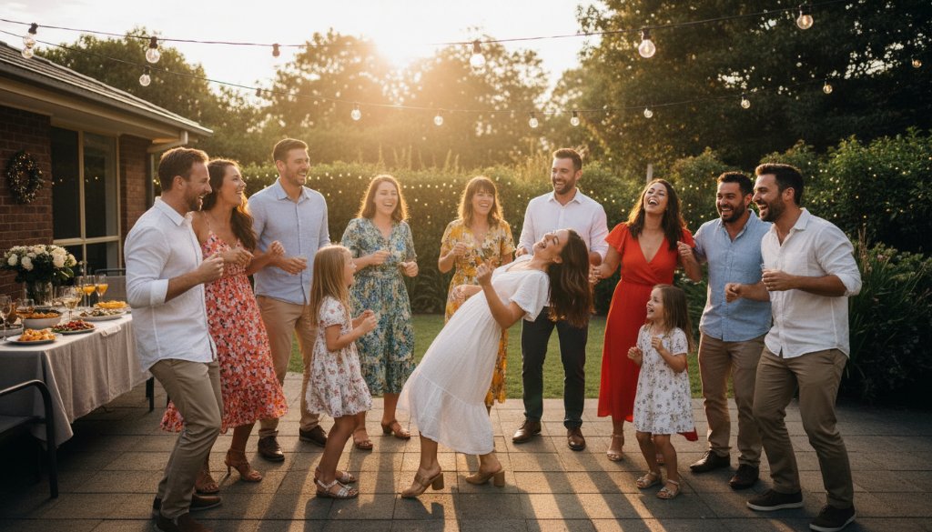 Ringwood East vibrant party photography capturing genuine joy, featuring a wide-angle shot of friends laughing and dancing under string lights at a backyard party, golden hour light, bokeh background, professional color grading.