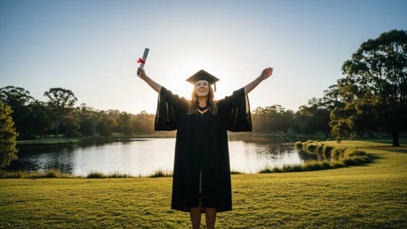 A jubilant graduate in their cap and gown, framed against a beautiful, sun-drenched Ringwood East park backdrop, tossing their cap in the air, embodying the Ringwood East Victoria graduation photography cherished moments with a radiant smile.