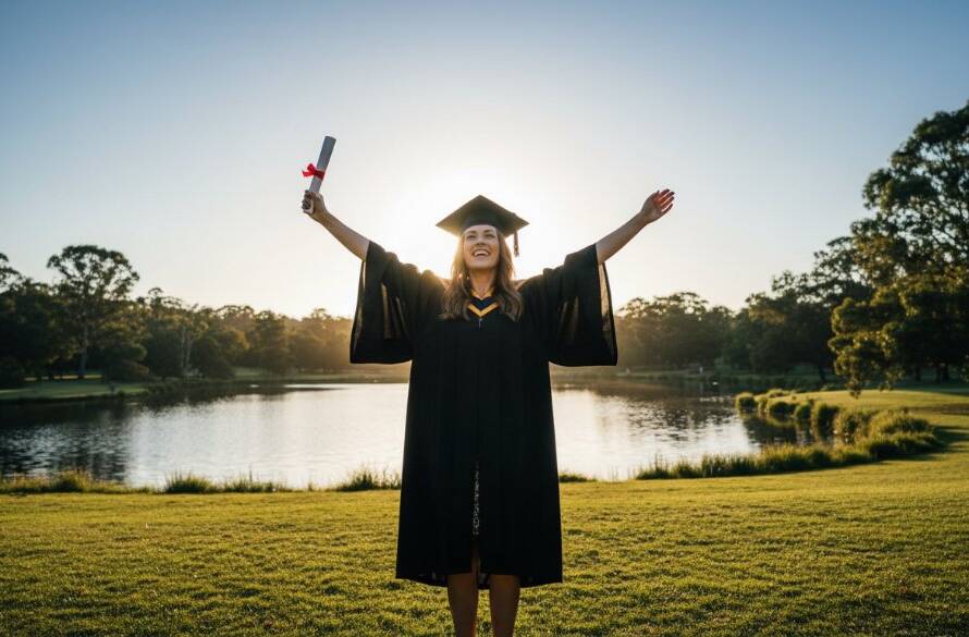 A jubilant graduate in their cap and gown, framed against a beautiful, sun-drenched Ringwood East park backdrop, tossing their cap in the air, embodying the Ringwood East Victoria graduation photography cherished moments with a radiant smile.