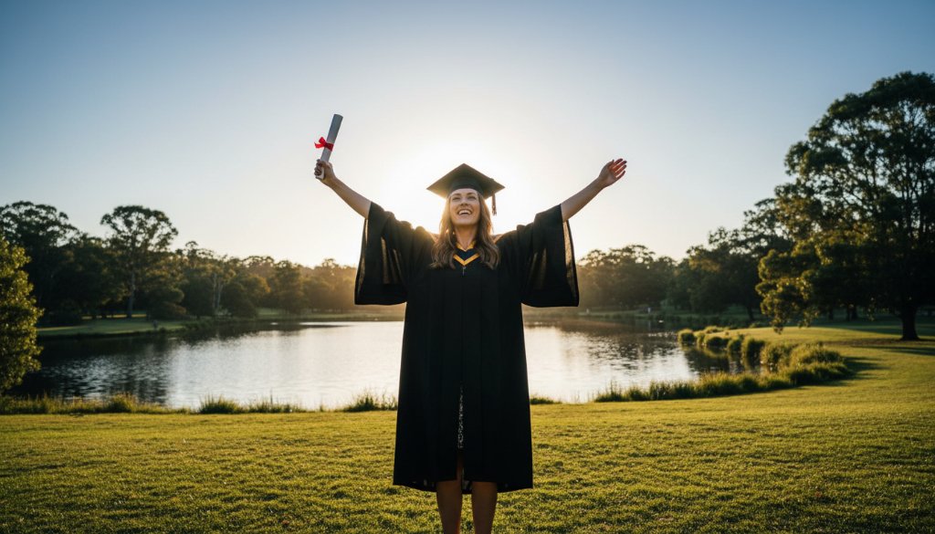 A jubilant graduate in their cap and gown, framed against a beautiful, sun-drenched Ringwood East park backdrop, tossing their cap in the air, embodying the Ringwood East Victoria graduation photography cherished moments with a radiant smile.