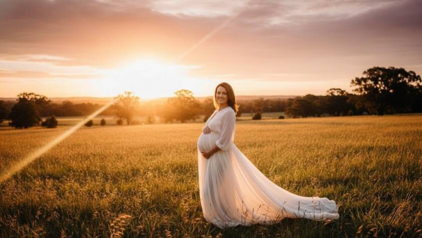 A glowing expectant mother standing gracefully amidst a golden field at sunset in Ringwood East, Victoria, captured during her Ringwood East Victoria maternity photoshoot golden hour session, with dramatic backlighting and a warm, ethereal glow.