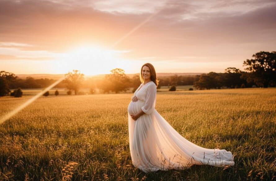 A glowing expectant mother standing gracefully amidst a golden field at sunset in Ringwood East, Victoria, captured during her Ringwood East Victoria maternity photoshoot golden hour session, with dramatic backlighting and a warm, ethereal glow.