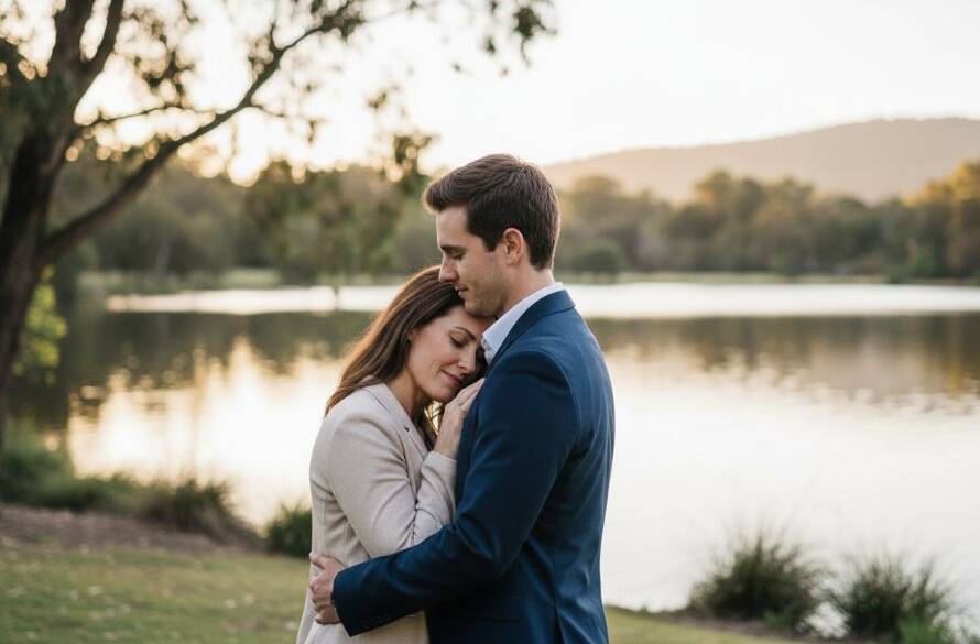 An evocative Ringwood fine art photography emotional portrait of a family embracing amidst the soft golden hour light of a scenic park, capturing a tender and profound moment of connection.
