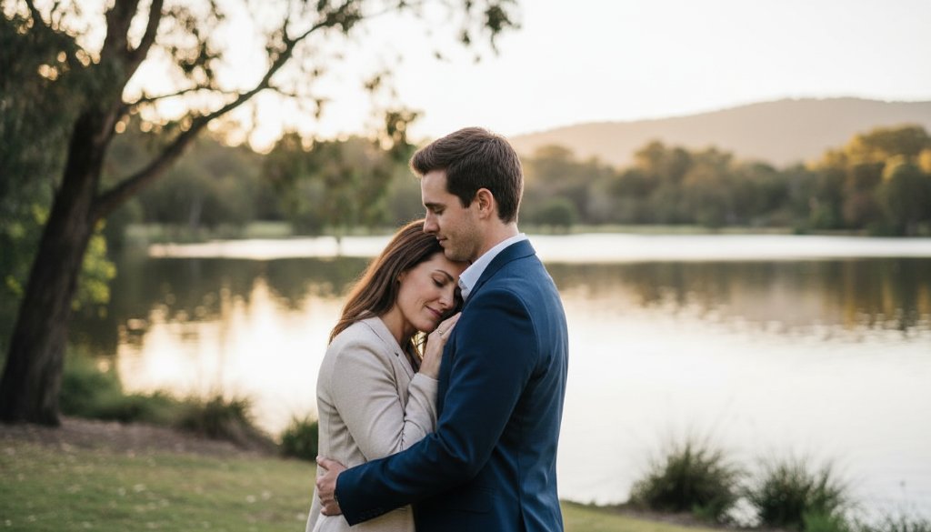 An evocative Ringwood fine art photography emotional portrait of a family embracing amidst the soft golden hour light of a scenic park, capturing a tender and profound moment of connection.