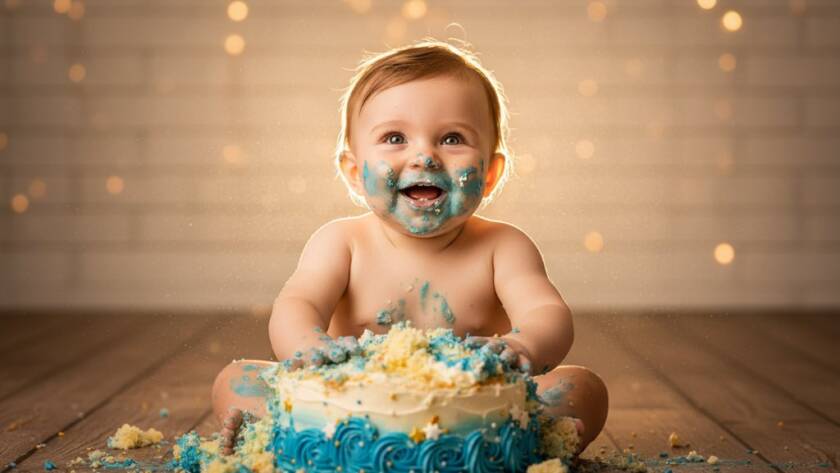 A vibrant, emotionally charged photograph capturing a baby's joyful, messy Ringwood first birthday cake smash photoshoot, with icing smeared on their face, dramatic backlighting, and colourful balloons in a Ringwood studio, showcasing pure delight.