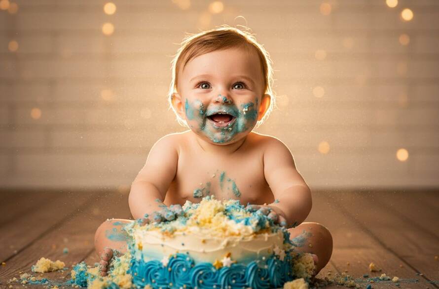 A vibrant, emotionally charged photograph capturing a baby's joyful, messy Ringwood first birthday cake smash photoshoot, with icing smeared on their face, dramatic backlighting, and colourful balloons in a Ringwood studio, showcasing pure delight.