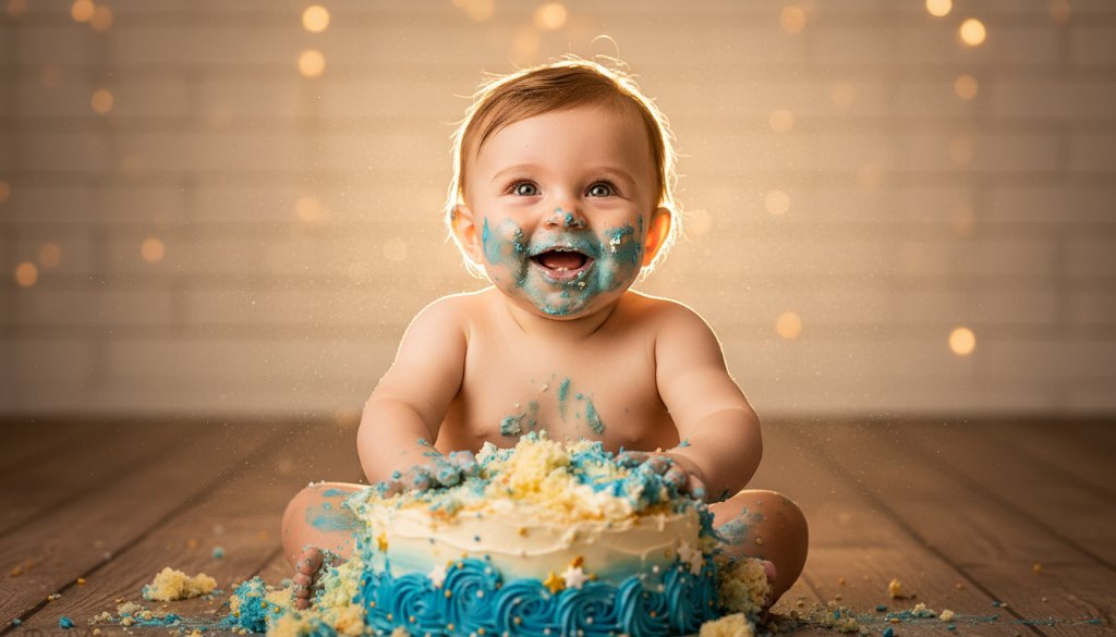 A vibrant, emotionally charged photograph capturing a baby's joyful, messy Ringwood first birthday cake smash photoshoot, with icing smeared on their face, dramatic backlighting, and colourful balloons in a Ringwood studio, showcasing pure delight.