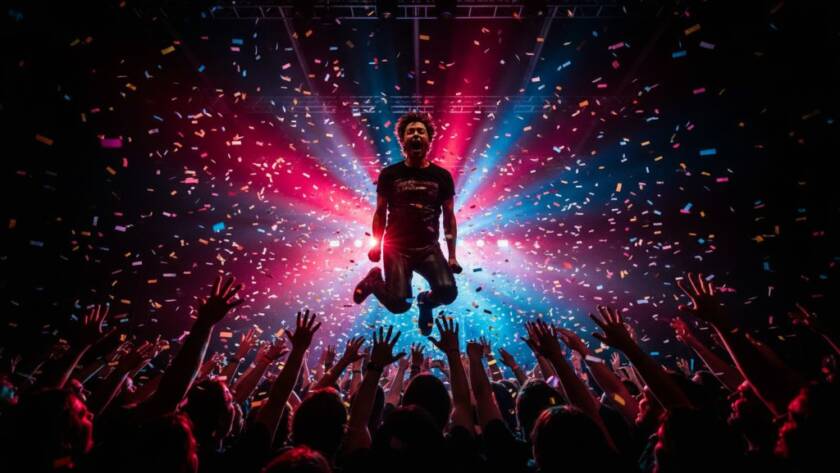 A dynamic, wide-angle shot of a lead guitarist mid-shred under dramatic stage lights, capturing Ringwood Live Music Photography Epic Moments with the crowd's hands raised in the foreground, showing intense energy and emotion.