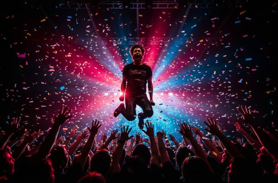 A dynamic, wide-angle shot of a lead guitarist mid-shred under dramatic stage lights, capturing Ringwood Live Music Photography Epic Moments with the crowd's hands raised in the foreground, showing intense energy and emotion.