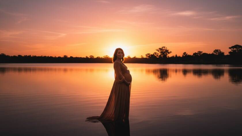 An expectant mother in Ringwood stands silhouetted against a breathtaking golden hour sunset, her bump lovingly cradled, during a serene Ringwood maternity photoshoot golden hour session.