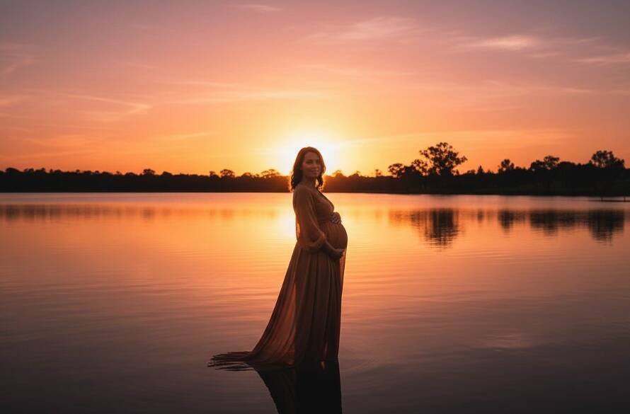 An expectant mother in Ringwood stands silhouetted against a breathtaking golden hour sunset, her bump lovingly cradled, during a serene Ringwood maternity photoshoot golden hour session.