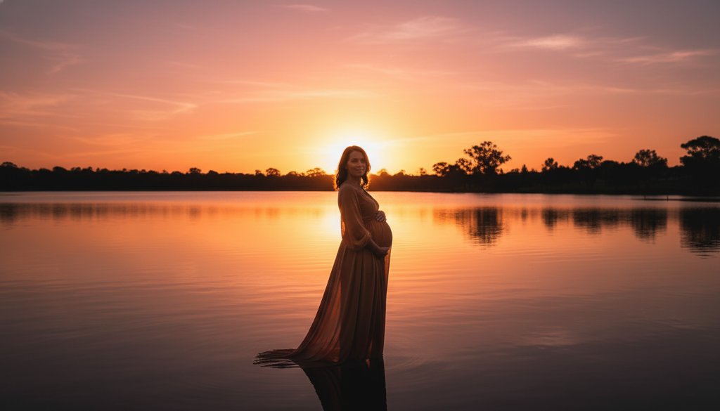 An expectant mother in Ringwood stands silhouetted against a breathtaking golden hour sunset, her bump lovingly cradled, during a serene Ringwood maternity photoshoot golden hour session.