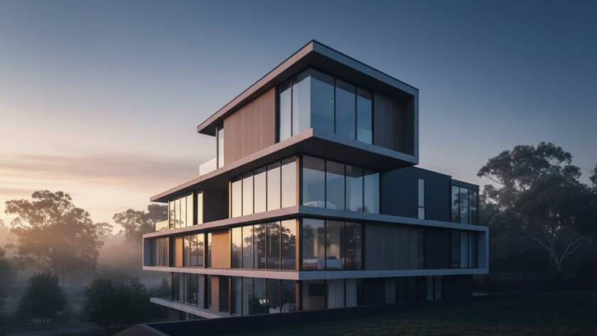 Dramatic wide-angle shot showcasing the Ringwood North Architectural Beauty Photography of a contemporary residence at dawn, its sharp lines silhouetted against a vibrant sky, professionally colour-graded to highlight structural details and modern design elements.