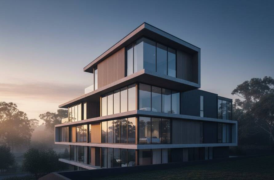 Dramatic wide-angle shot showcasing the Ringwood North Architectural Beauty Photography of a contemporary residence at dawn, its sharp lines silhouetted against a vibrant sky, professionally colour-graded to highlight structural details and modern design elements.