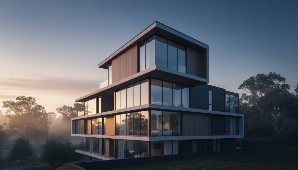 Dramatic wide-angle shot showcasing the Ringwood North Architectural Beauty Photography of a contemporary residence at dawn, its sharp lines silhouetted against a vibrant sky, professionally colour-graded to highlight structural details and modern design elements.