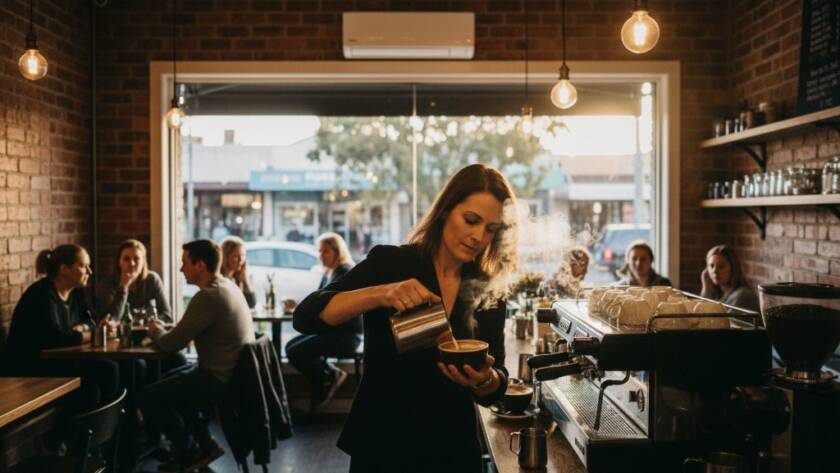 Dramatic wide shot showcasing a vibrant Ringwood North bespoke commercial photography session in action, capturing a chef expertly plating a gourmet dish in a modern restaurant kitchen, with dynamic lighting highlighting the culinary artistry and the energy of the space.