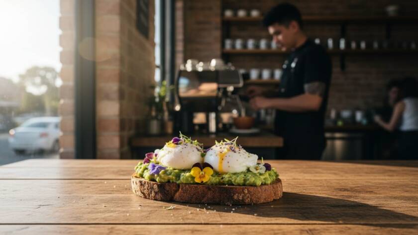A vibrant, professionally styled shot showcasing a freshly baked pastry and artisan coffee on a rustic table in a sunlit Ringwood North cafe, highlighting Ringwood North cafe food photography expertise.