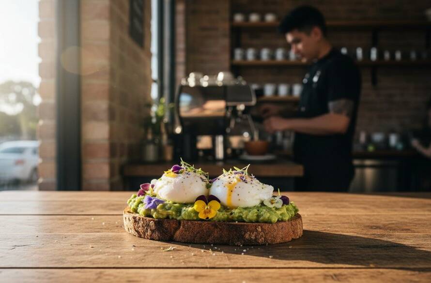 A vibrant, professionally styled shot showcasing a freshly baked pastry and artisan coffee on a rustic table in a sunlit Ringwood North cafe, highlighting Ringwood North cafe food photography expertise.
