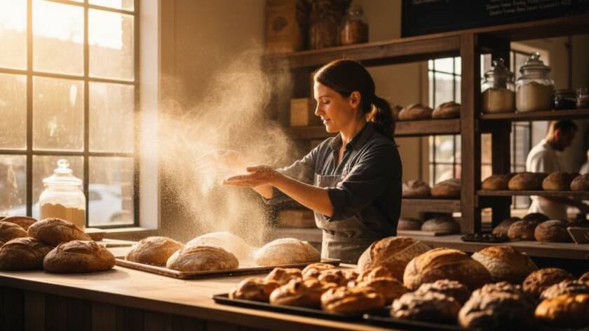 An epic moment captured in Ringwood North commercial photography for small businesses, showing a skilled barista pouring latte art with intense focus in a modern, sunlit cafe. The dramatic lighting highlights the steam and coffee, creating a vibrant, dynamic image that exudes professionalism and local charm.
