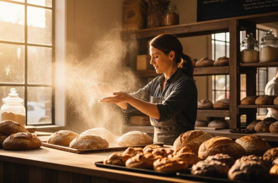 An epic moment captured in Ringwood North commercial photography for small businesses, showing a skilled barista pouring latte art with intense focus in a modern, sunlit cafe. The dramatic lighting highlights the steam and coffee, creating a vibrant, dynamic image that exudes professionalism and local charm.