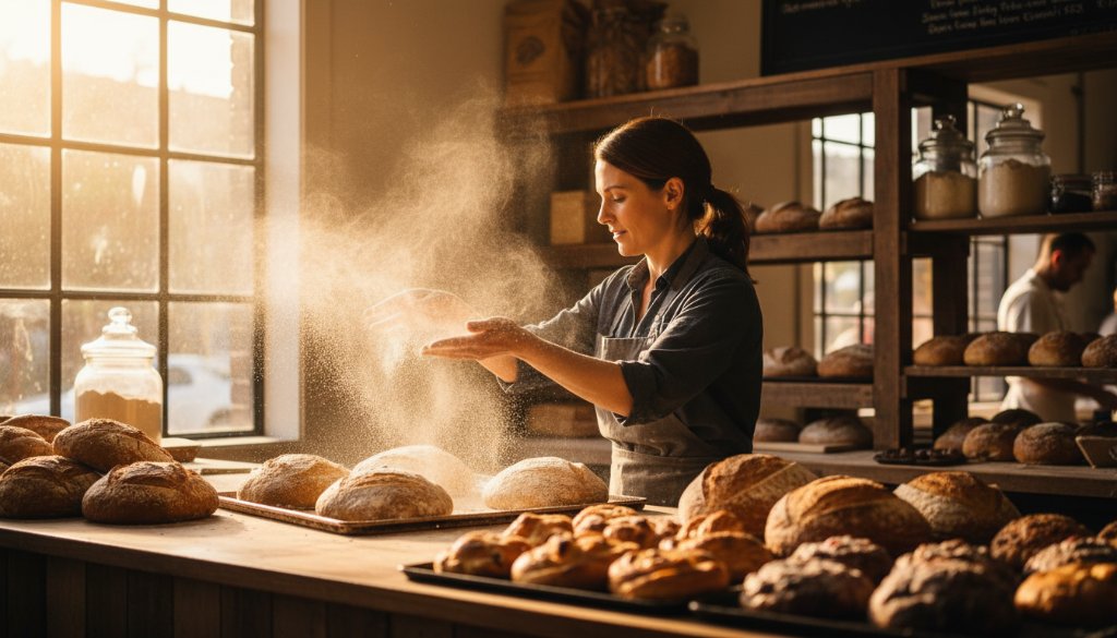 An epic moment captured in Ringwood North commercial photography for small businesses, showing a skilled barista pouring latte art with intense focus in a modern, sunlit cafe. The dramatic lighting highlights the steam and coffee, creating a vibrant, dynamic image that exudes professionalism and local charm.