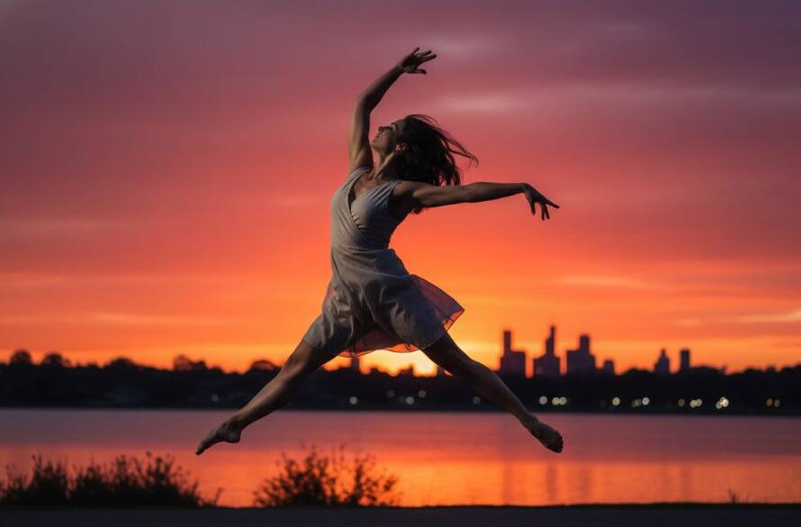 A dynamic, high-energy photograph showcasing ringwood north dance photography artistry, with a dancer mid-air in a powerful leap, silhouetted against a dramatic sunset over Ringwood Lake, embodying passion and movement.