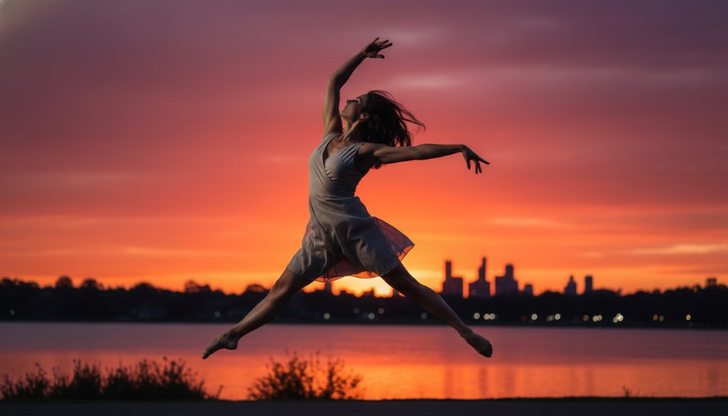 A dynamic, high-energy photograph showcasing ringwood north dance photography artistry, with a dancer mid-air in a powerful leap, silhouetted against a dramatic sunset over Ringwood Lake, embodying passion and movement.