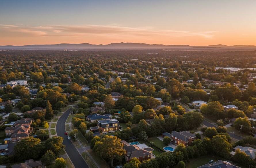Dramatic aerial perspective captured by Ringwood North Drone Photography Unveiling Views, showcasing the majestic Dandenong Ranges at sunset, with golden light illuminating a winding road through lush green hills, conveying a sense of adventure and tranquility.