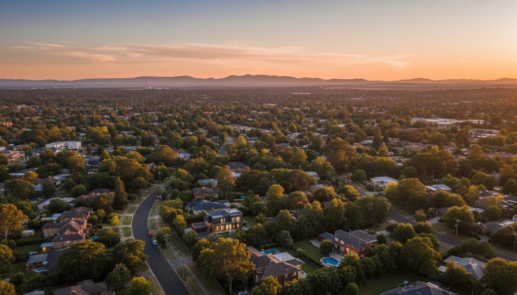 Dramatic aerial perspective captured by Ringwood North Drone Photography Unveiling Views, showcasing the majestic Dandenong Ranges at sunset, with golden light illuminating a winding road through lush green hills, conveying a sense of adventure and tranquility.
