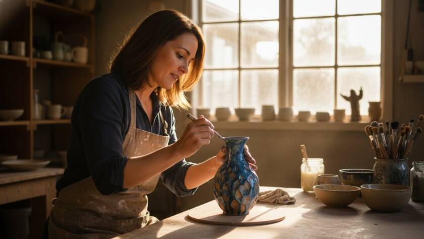 An epic moment captured through Ringwood North Editorial Photography for Local Stories, showing a passionate local artisan proudly presenting their handcrafted product inside their bustling Ringwood North studio, bathed in dramatic natural light, showcasing authenticity and skill.