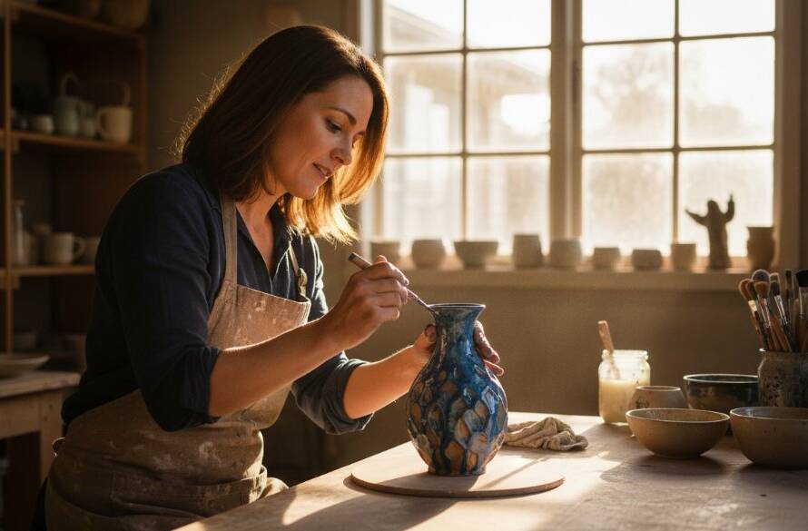 An epic moment captured through Ringwood North Editorial Photography for Local Stories, showing a passionate local artisan proudly presenting their handcrafted product inside their bustling Ringwood North studio, bathed in dramatic natural light, showcasing authenticity and skill.