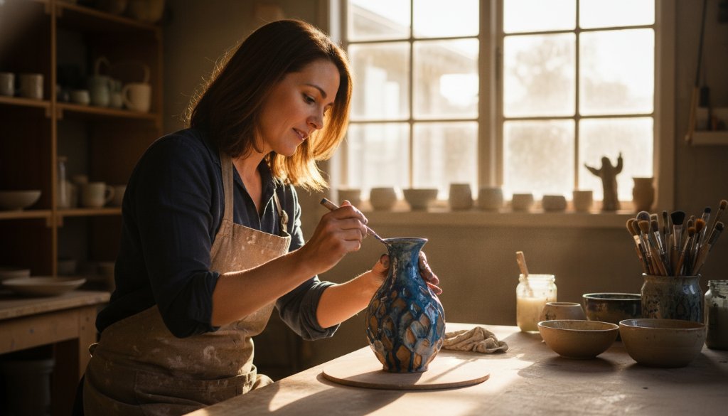 An epic moment captured through Ringwood North Editorial Photography for Local Stories, showing a passionate local artisan proudly presenting their handcrafted product inside their bustling Ringwood North studio, bathed in dramatic natural light, showcasing authenticity and skill.