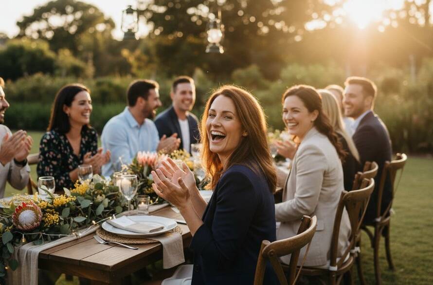 A heartwarming and dynamic photograph of a group of guests laughing joyfully at an outdoor celebration in a beautiful garden setting in Ringwood North, Victoria. The scene, shot at golden hour, captures a genuine moment of connection and happiness, with soft bokeh in the background. Ringwood North event photography capturing genuine moments at its best.