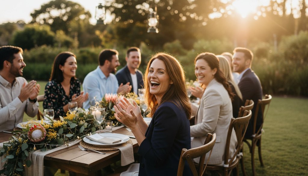 A heartwarming and dynamic photograph of a group of guests laughing joyfully at an outdoor celebration in a beautiful garden setting in Ringwood North, Victoria. The scene, shot at golden hour, captures a genuine moment of connection and happiness, with soft bokeh in the background. Ringwood North event photography capturing genuine moments at its best.