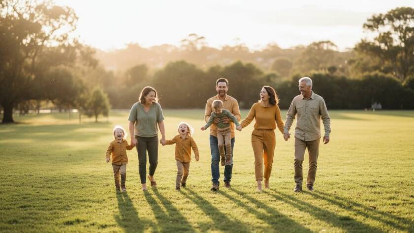 A heartwarming and cinematic 'epic moment' photograph showcasing a Ringwood North family photography capturing genuine moments, with parents laughing candidly as their children play in dappled sunlight near a serene parkland setting in Ringwood North, Victoria, during golden hour.