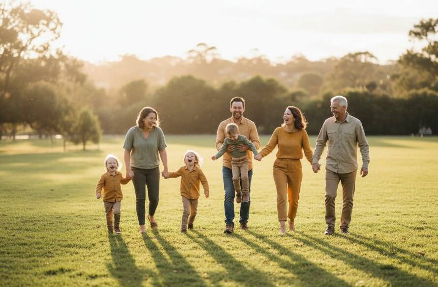 A heartwarming and cinematic 'epic moment' photograph showcasing a Ringwood North family photography capturing genuine moments, with parents laughing candidly as their children play in dappled sunlight near a serene parkland setting in Ringwood North, Victoria, during golden hour.