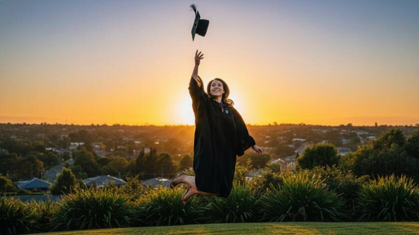 A jubilant graduate in cap and gown, framed by the lush, autumn-coloured trees of Ringwood North, tosses their mortarboard high against a dramatic sunset sky, capturing an epic Ringwood North graduation photography lasting memories moment with professional lighting and vibrant colour grading.