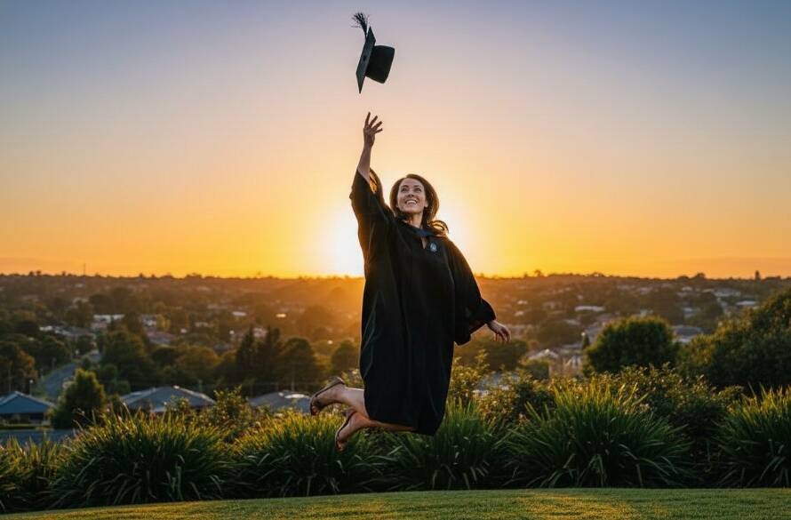A jubilant graduate in cap and gown, framed by the lush, autumn-coloured trees of Ringwood North, tosses their mortarboard high against a dramatic sunset sky, capturing an epic Ringwood North graduation photography lasting memories moment with professional lighting and vibrant colour grading.