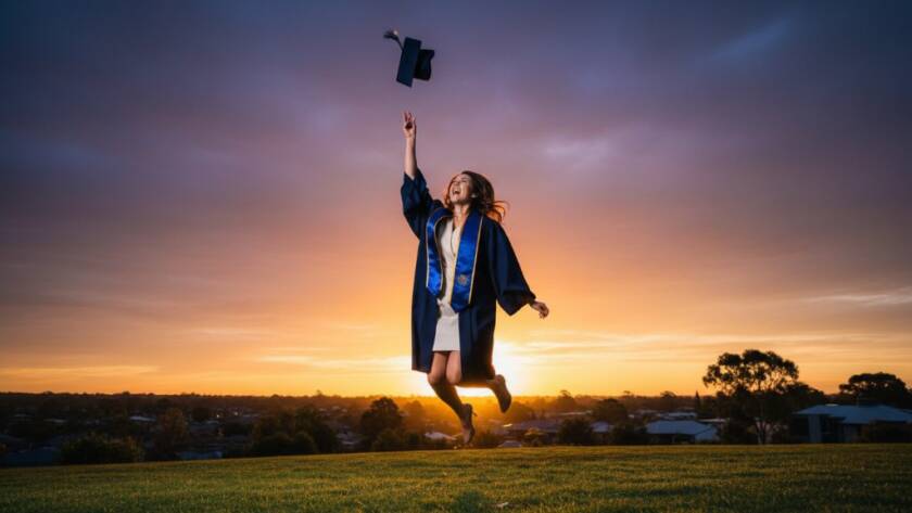An epic moment captured during a Ringwood North graduation photography unforgettable moments session, featuring a radiant graduate in their cap and gown, joyfully tossing their mortarboard against the stunning backdrop of a sunset over the leafy Ringwood North landscape, professional photography with dramatic golden hour lighting and celebratory atmosphere.