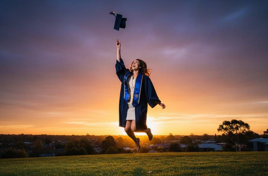 An epic moment captured during a Ringwood North graduation photography unforgettable moments session, featuring a radiant graduate in their cap and gown, joyfully tossing their mortarboard against the stunning backdrop of a sunset over the leafy Ringwood North landscape, professional photography with dramatic golden hour lighting and celebratory atmosphere.