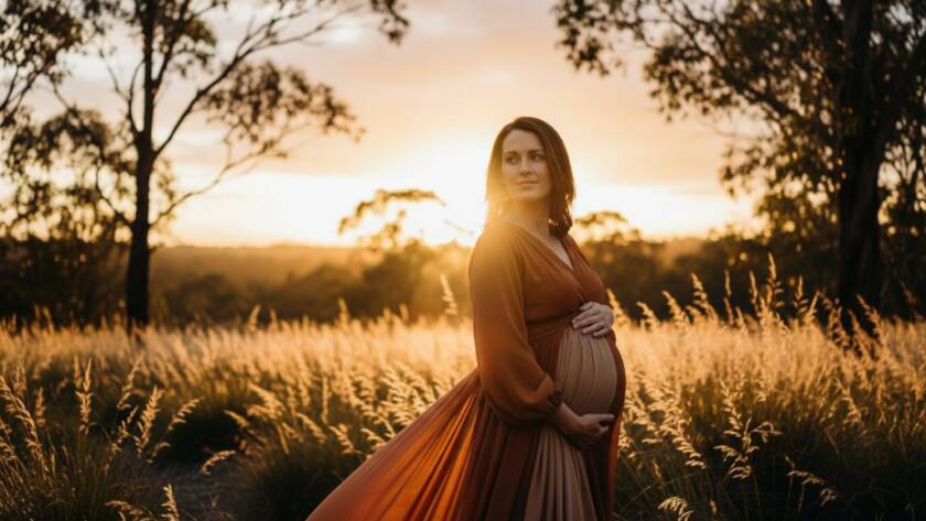 Epic Ringwood North maternity outdoor photoshoot featuring a radiant expectant mother silhouetted against a dramatic sunset in local bushland, capturing her serene glow.