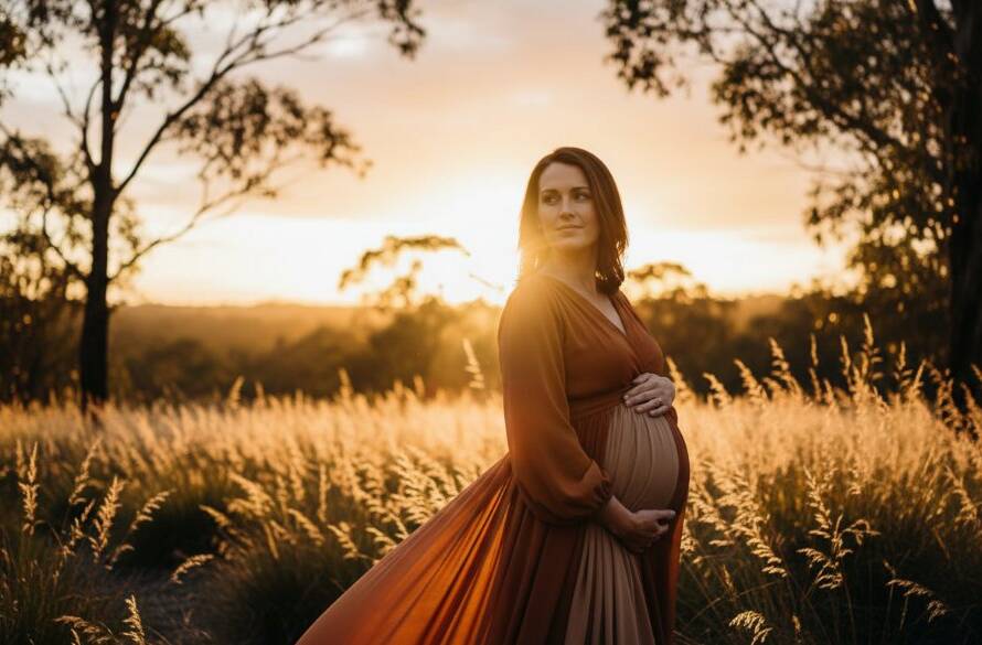 Epic Ringwood North maternity outdoor photoshoot featuring a radiant expectant mother silhouetted against a dramatic sunset in local bushland, capturing her serene glow.