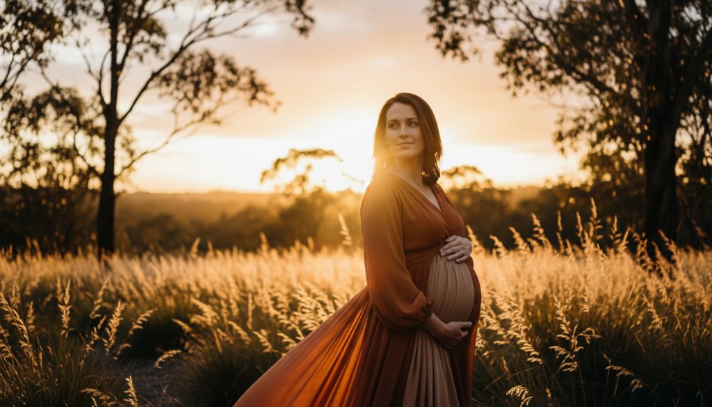 Epic Ringwood North maternity outdoor photoshoot featuring a radiant expectant mother silhouetted against a dramatic sunset in local bushland, capturing her serene glow.