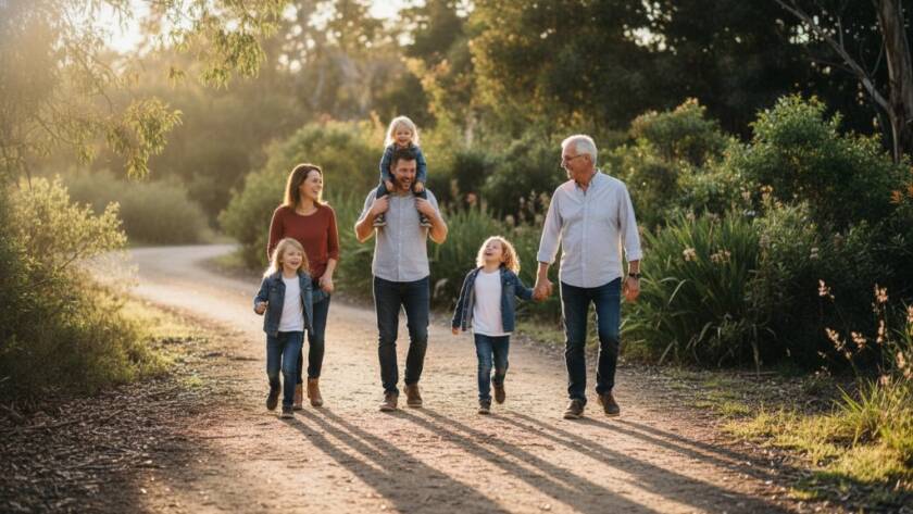 A stunning, golden-hour photograph of a family laughing and embracing on a sun-dappled path in a Ringwood North park, captured by a natural family portraits specialist, showing genuine joy and connection with dramatic backlighting.