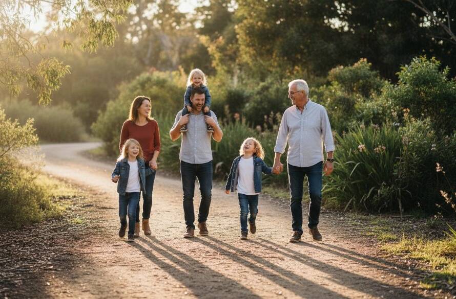 A stunning, golden-hour photograph of a family laughing and embracing on a sun-dappled path in a Ringwood North park, captured by a natural family portraits specialist, showing genuine joy and connection with dramatic backlighting.