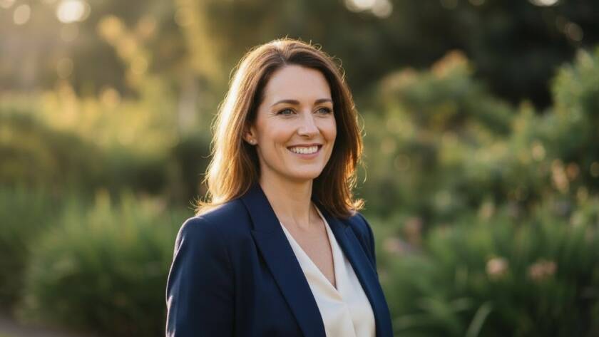 A striking Ringwood North Professional Headshots for Authentic Personal Brands portrait of a confident male professional, mid-laugh, taken at the leafy Ringwood Lake Park, bathed in warm, golden hour sunlight, conveying approachability and genuine personality.