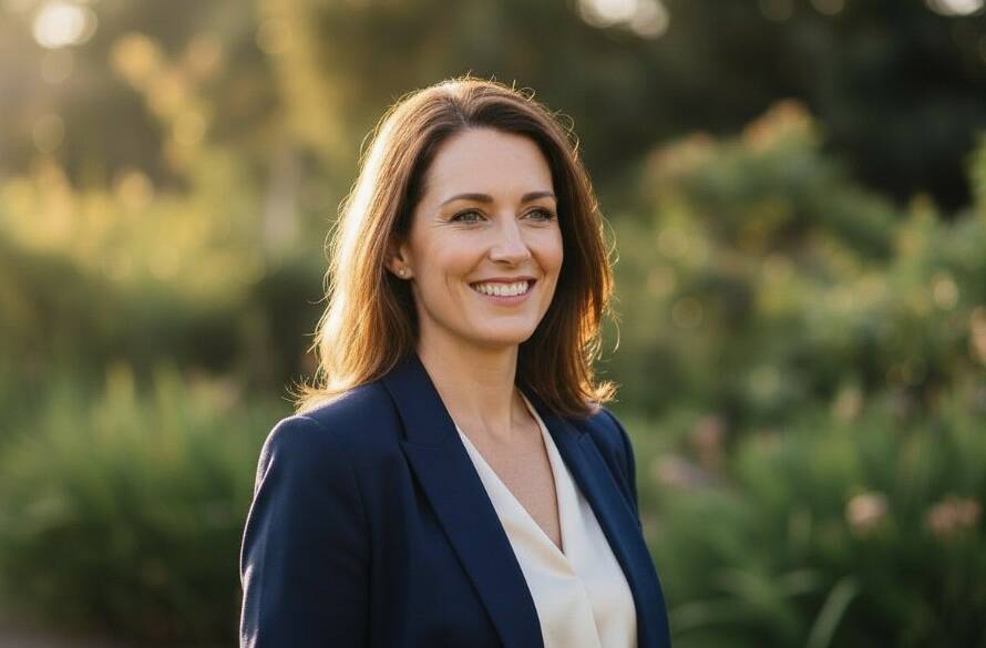 A striking Ringwood North Professional Headshots for Authentic Personal Brands portrait of a confident male professional, mid-laugh, taken at the leafy Ringwood Lake Park, bathed in warm, golden hour sunlight, conveying approachability and genuine personality.
