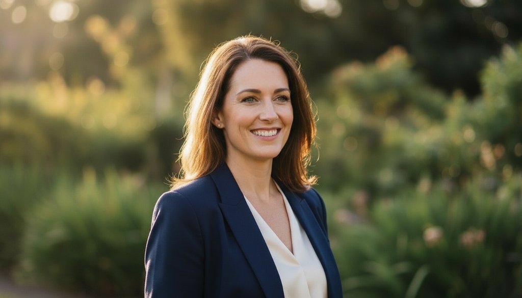 A striking Ringwood North Professional Headshots for Authentic Personal Brands portrait of a confident male professional, mid-laugh, taken at the leafy Ringwood Lake Park, bathed in warm, golden hour sunlight, conveying approachability and genuine personality.