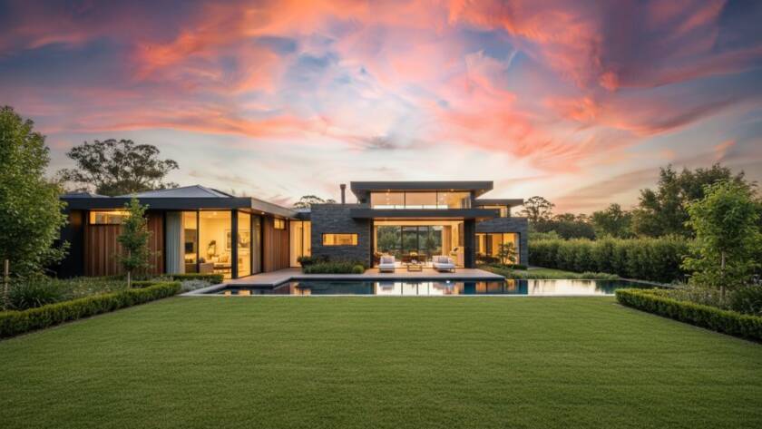 Golden hour illuminates a luxurious Ringwood North home, showcasing its open-plan living and beautiful garden, a prime example of Ringwood North Real Estate Photography Marketing Success.