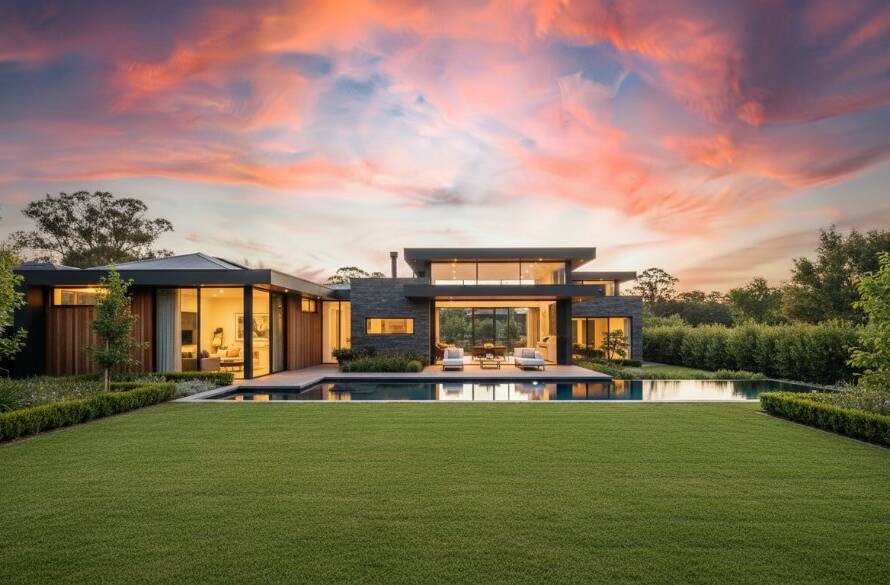 Golden hour illuminates a luxurious Ringwood North home, showcasing its open-plan living and beautiful garden, a prime example of Ringwood North Real Estate Photography Marketing Success.